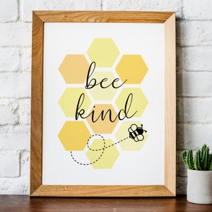 Bee Kind Printable Art, Kids Room Wall Decor, Bee Illustration, Inspirational Quote Print, Typographic Art, Honeycomb Print Art