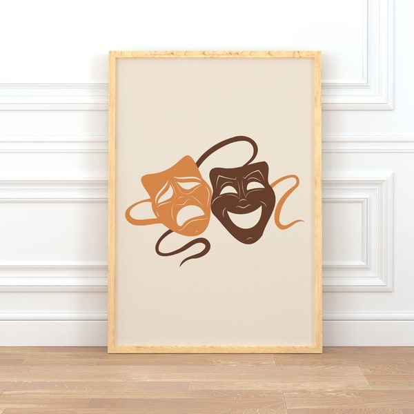 Theater Masks Print Art, Tragedy and Comedy Poster, Abstract Wall Art, Minimal Illustration Art, Movies Lover Gift, Theater Wall Decoration