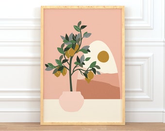 Lemon Tree Print Art, Abstract Lemon Tree Wall Poster, Lemon Tree Illustration, Botanical Wall Art, Printable Kitchen Art, Scandinavian Art