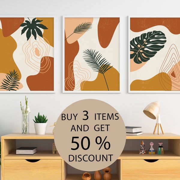 Set of 3 Abstract Prints,  Abstract Gallery Wall Art, Tropical Leaves Prints, Printable Modern Art Posters, Minimalist Boho Posters, Digital