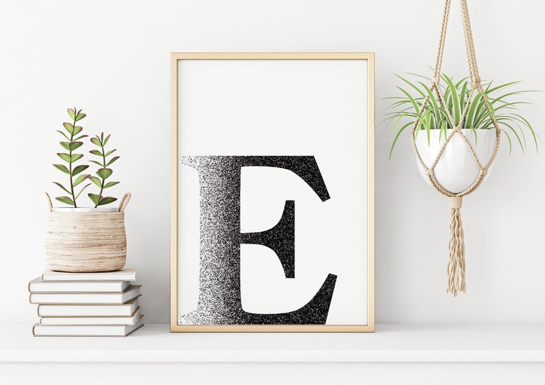 Letter E Printable Art, Office Wall Sign, Name Initial Poster, Minimal Wall Decor, Black and ...