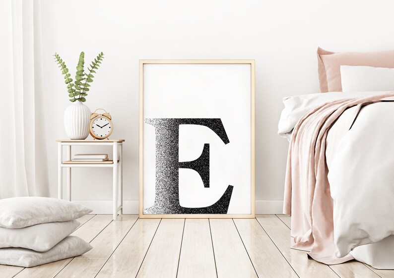 Letter E Printable Art, Office Wall Sign, Name Initial Poster, Minimal Wall Decor, Black and ...