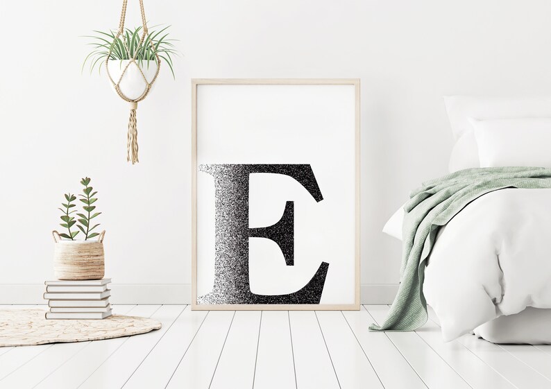 Letter E Printable Art, Office Wall Sign, Name Initial Poster, Minimal Wall Decor, Black and ...
