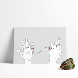 Könnte beinhalten: Linienzeichnung von zwei Händen, die durch einen roten Faden verbunden sind, der um ihre Finger gebunden ist.