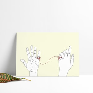 Könnte beinhalten: Eine Linienzeichnung von zwei Händen mit einem roten Faden, der um die Ringfinger gebunden ist. Die Hände sind einander zugewandt und der Faden ist zwischen ihnen gespannt.