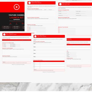 May include: A white workbook with red and black accents, titled "YOUTUBE CHANNEL LAUNCH KIT WORKBOOK." The cover features a YouTube play button logo. The workbook contains various sections with fill-in-the-blank prompts and checklists for channel planning.