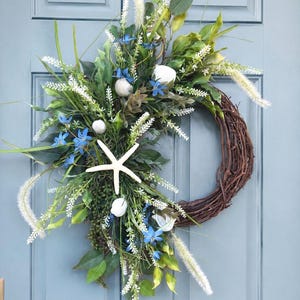Coastal Seashell Wreath, Beach House Door Decor, Starfish, Cape Cod Style Home
