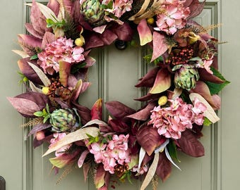 Burgundy Magnolia & Artichoke Fall Wreath | Elegant Hydrangea Front Door Decor | Luxurious Autumn Floral Wreath | PinkDenimDesignStore