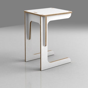 May include: White side table with a simple, modern design. The table has a square top and a unique, curved base.