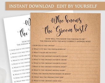 EDITABLE Who knows the Groom best game Printable PDF template Rustic Bridal Shower games Instant download