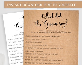 EDITABLE What did the Groom say about his Bride game Printable PDF template Rustic Bridal Shower games Instant download