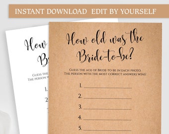 EDITABLE How old was the Bride to be game card Printable PDF template Rustic Bridal Shower games Instant download