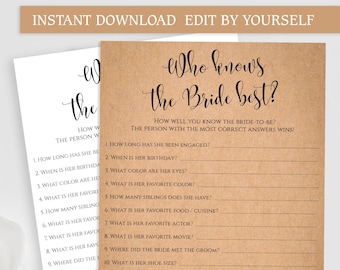 EDITABLE Who knows the Bride best game Printable PDF template Rustic Bridal Shower games Instant download