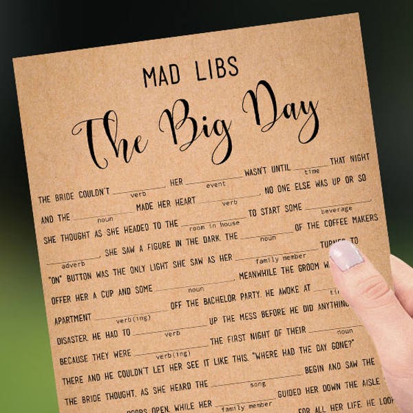 Wedding Libs game printable Rustic funny marriage Mad Libs story The Big Day Instant download PDF JPEG