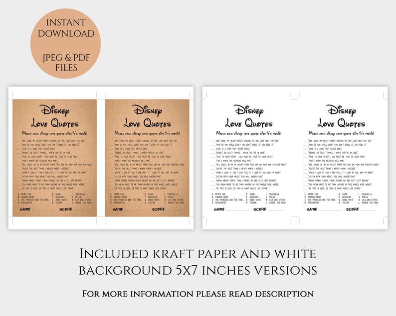 Disney Love Quotes Matching Game Rustic Bridal Shower | Etsy