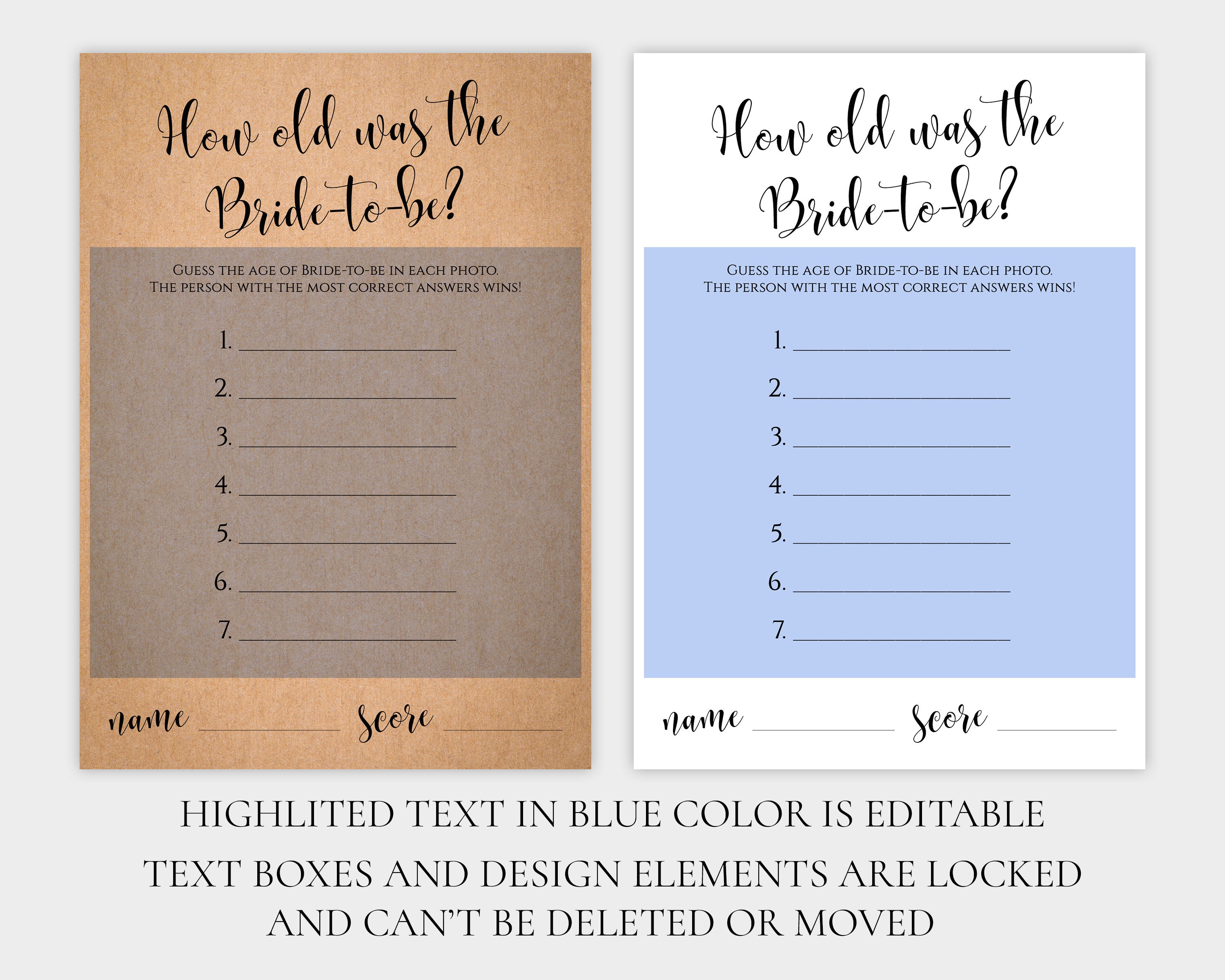 EDITABLE How Old Was the Bride to Be Game Card Printable PDF Template ...