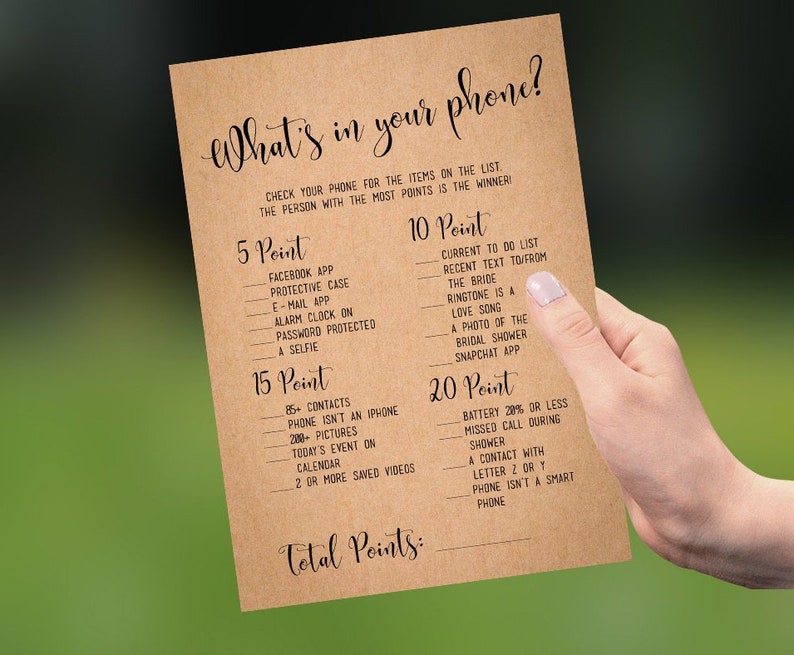 What's in Your Phone Game Printable Rustic Whats on Your Phone Cards ...