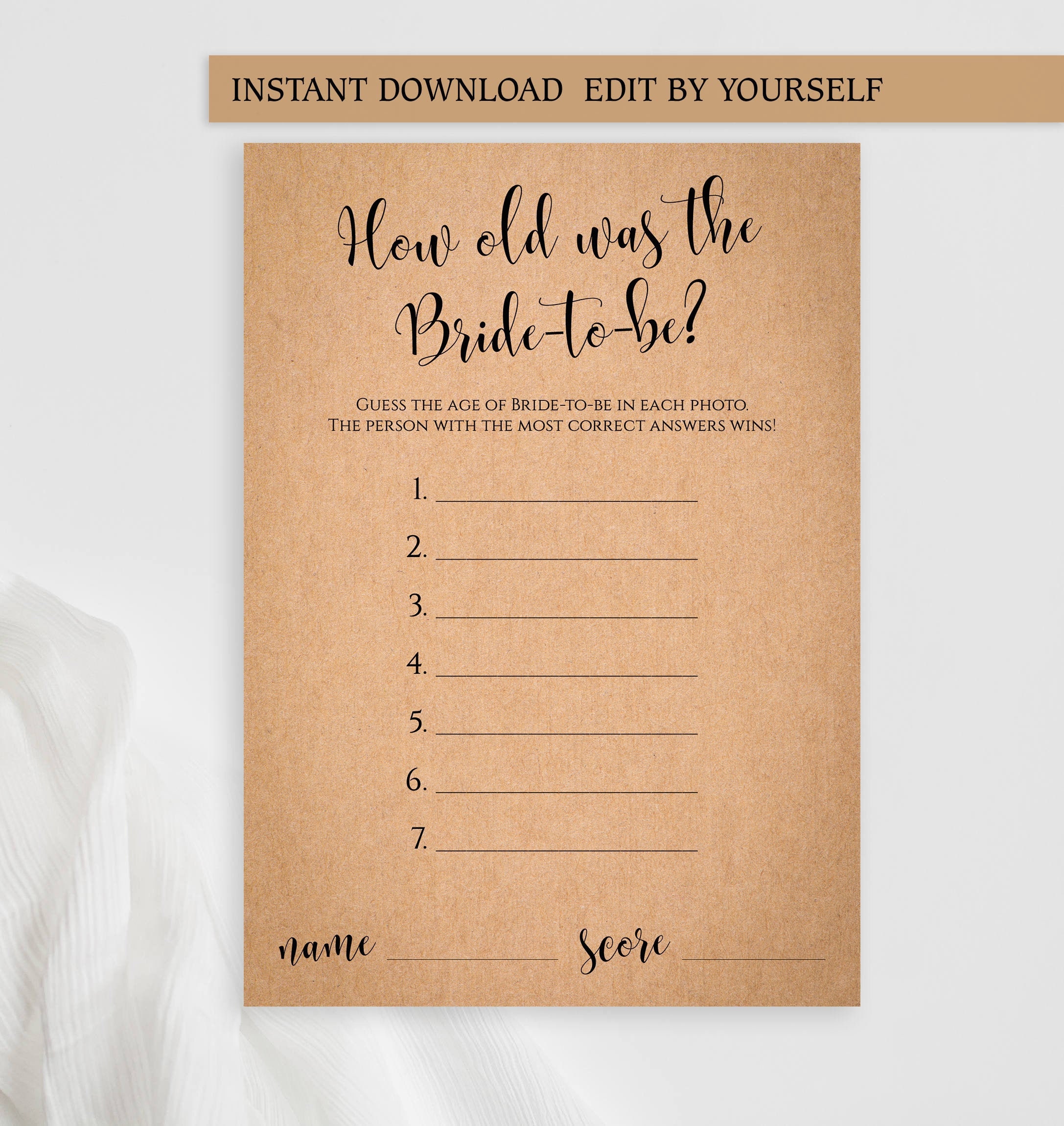 EDITABLE How Old Was the Bride to Be Game Card Printable PDF Template ...