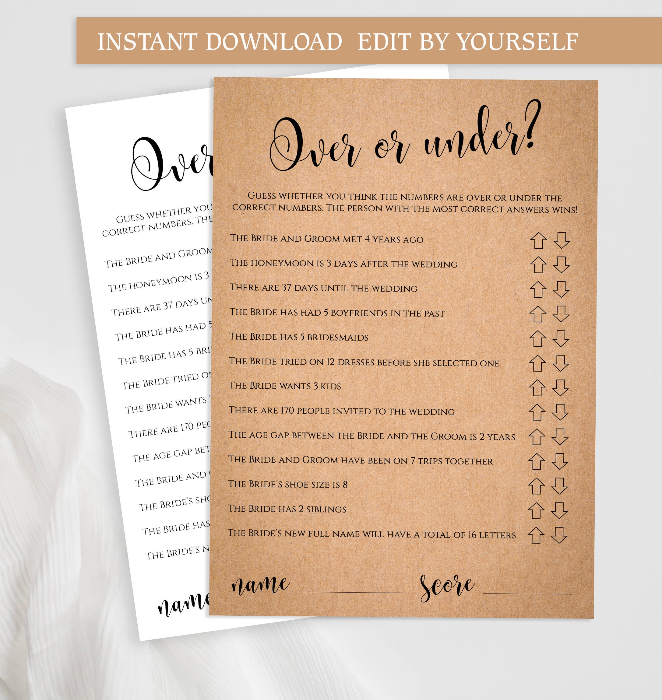 EDITABLE Over or Under Game, Printable PDF Template, Rustic Bridal ...