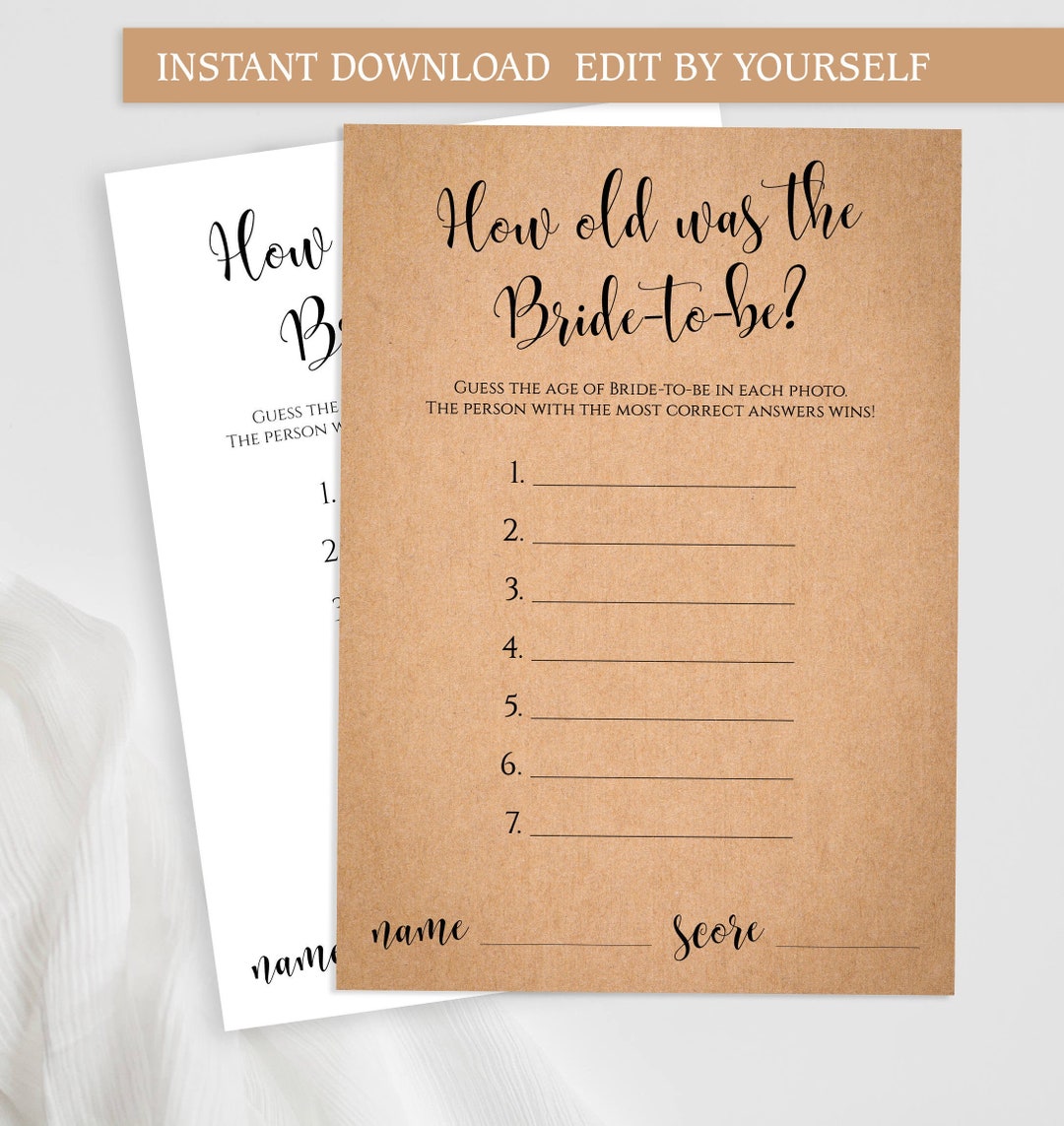 EDITABLE How Old Was the Bride to Be Game Card Printable PDF Template ...