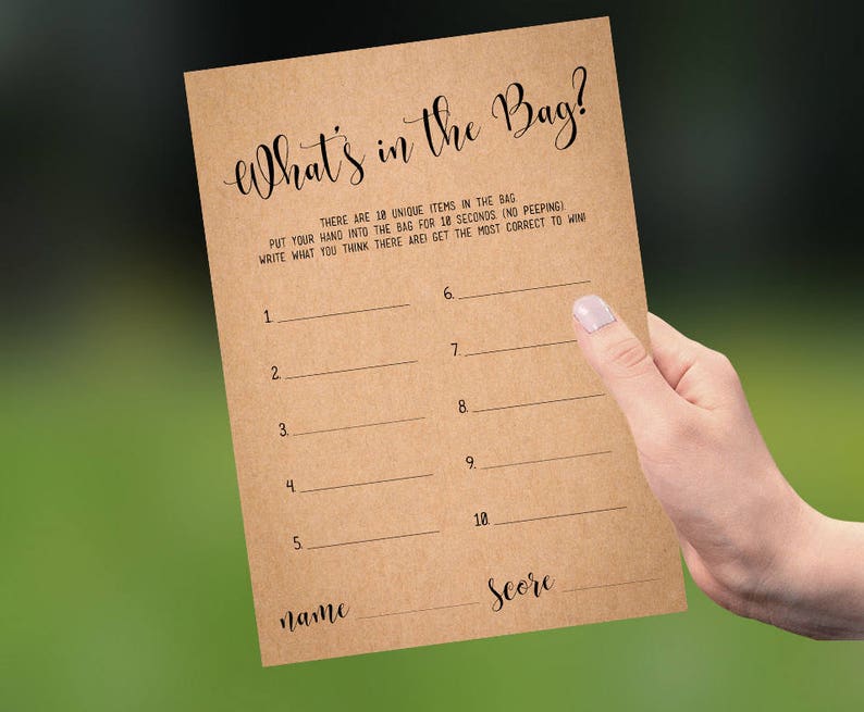 What's in the Bag printable game Instant download PDF JPEG Rustic Baby or Bridal Shower template image 1