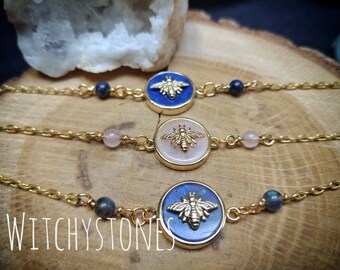 Bee stone bracelet gold chain beads witch lapis lazuli labradorite quartz