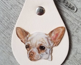 Custom Pet Portrait Leather Keychain: Hand-Colored Dog Cat Memorial Gift