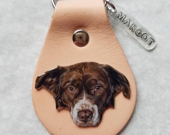 Leather Keychain with Single Handcolored Custom Realistic Pet Portrait Charm Personalized Valentine Gift