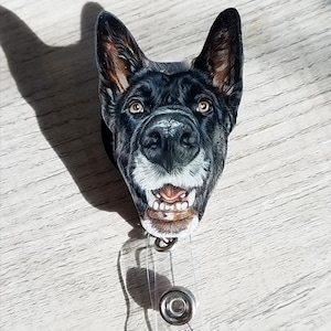 Custom Hand-Colored Pet Portrait Badge Reel: Personalized Dog Cat ID Holder