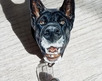 Hand Colored Pet Portrait Badge Reel: Custom Dog Cat ID Holder