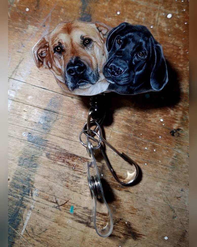 Custom Hand-Colored Multiple Pet Portraits Badge Reel: Dog, Cat, Nurse, Teacher
