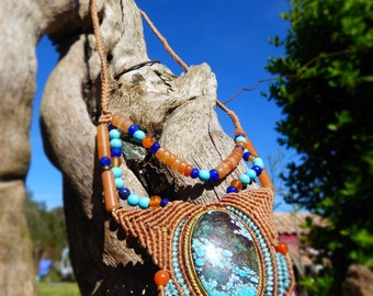 Genuine turquoise and carnelian necklace // gemstone necklace // macramé necklace Semi-precious stone necklace