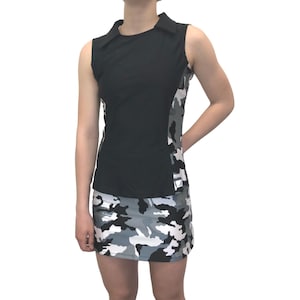 Black and White Camo Athletic Golf Outfit- Athletic Collared Shirt, Golf Apparel, Tennis Outfit Skirt w/ built in compression shorts