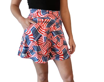 A-Line Skirt w/Optional Pockets - *USA American Flag Print* - Tennis, Running, Golf Skirt