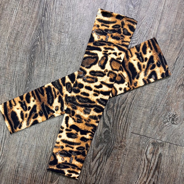 Compression Arm Sleeves in Brown Leopard Animal Print Spandex - Running Arm Warmers - Cheetah Sun Sleeves