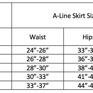 May include: A-line skirt size chart with measurements in inches for waist, hips, and skirt length. Sizes include XSmall, Small, Medium, Large, and XLarge.