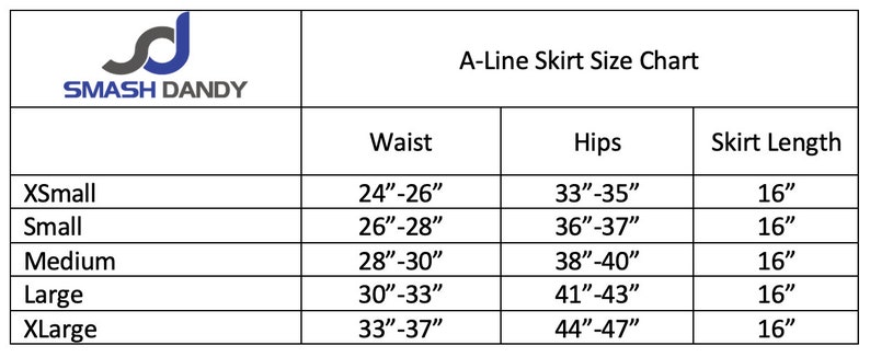 May include: A-line skirt size chart with measurements in inches for waist, hips, and skirt length. Sizes include XSmall, Small, Medium, Large, and XLarge.