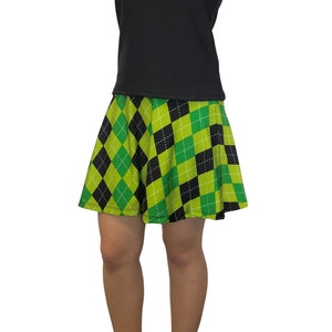 Green Argyle Athletic Flare Skirt w/ built in compression shorts and pocket- tennis skirt, skater skirt, golf skirt, running skirt, kilt