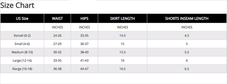 Puede incluir: Tabla de tallas para ropa con medidas en pulgadas para cintura, caderas, largo de falda y largo de entrepierna de pantalones cortos. Las tallas incluyen XXS (0-2), XS (4-6), S (8-10), M (12-14) y L (16-18).