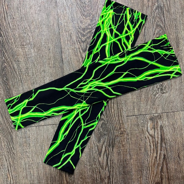 Compression Arm Sleeves in Green Lightning Print Spandex - Running Arm Warmers -  Thunder Sun Sleeves