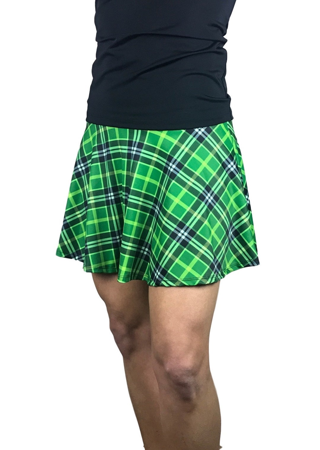 Green Plaid Flare Athletic Skirt W Built in Shorts and Pocket
