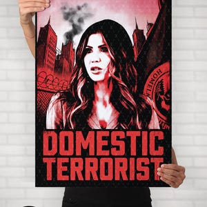 May include: Poster with a woman's portrait, the words "DOMESTIC TERRORIST" in red, and a cityscape backdrop. The poster has the "WOKE WEAR" logo and the website "woke-wear.com". The poster image is not to scale.