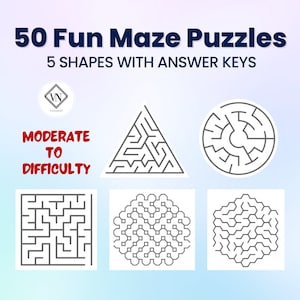 50 leuke doolhofpuzzel voor kinderen | Eenvoudig op te lossen PDF-afdrukbaar doolhofboek | Leeractiviteit | Pas het puzzelboek aan met 5 verschillende vormen