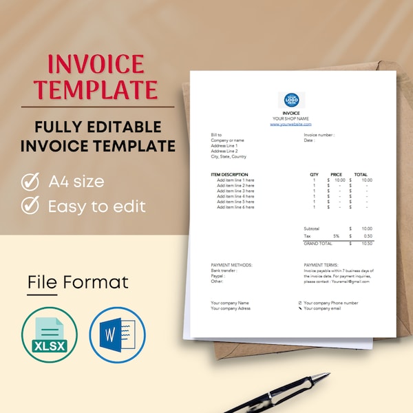 Modèle de facture imprimable | Reçu d'entreprise | Conception de modèle de facture minimaliste pour Word | Modèle de facture numérique EXCEL