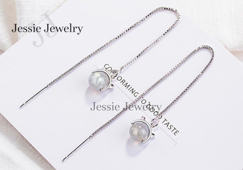 Cat Long Dangle Earring Gifts for Women Moonstone Crystal Sterling Silver 925 Push Back Crystal Silver Jewelry Gemstone