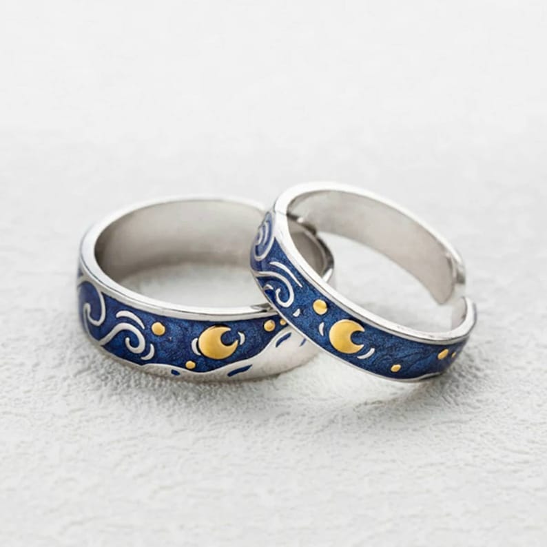Van Gogh inspired Starry Night Ring 925 Silver Sterling Ring for Couple Adjustable 5-9 US Starry Night pendant crescent moon necklace