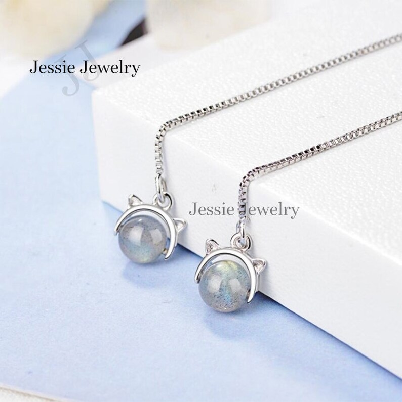 Cat Long Dangle Earring Gifts for Women Moonstone Crystal Sterling Silver 925 Push Back Crystal Silver Jewelry Gemstone