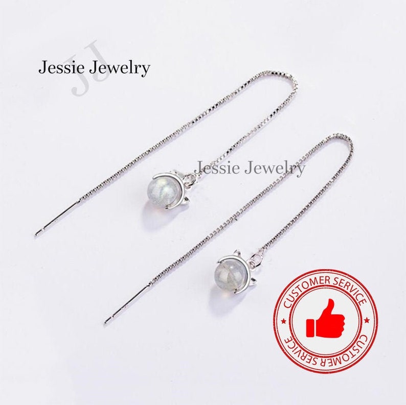 Cat Long Dangle Earring Gifts for Women Moonstone Crystal Sterling Silver 925 Push Back Crystal Silver Jewelry Gemstone