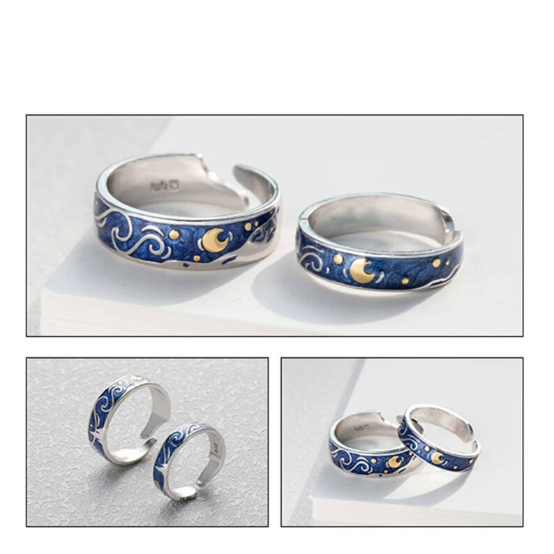 Van Gogh inspired Starry Night Ring 925 Silver Sterling Ring for Couple Adjustable 5-9 US Starry Night pendant crescent moon necklace