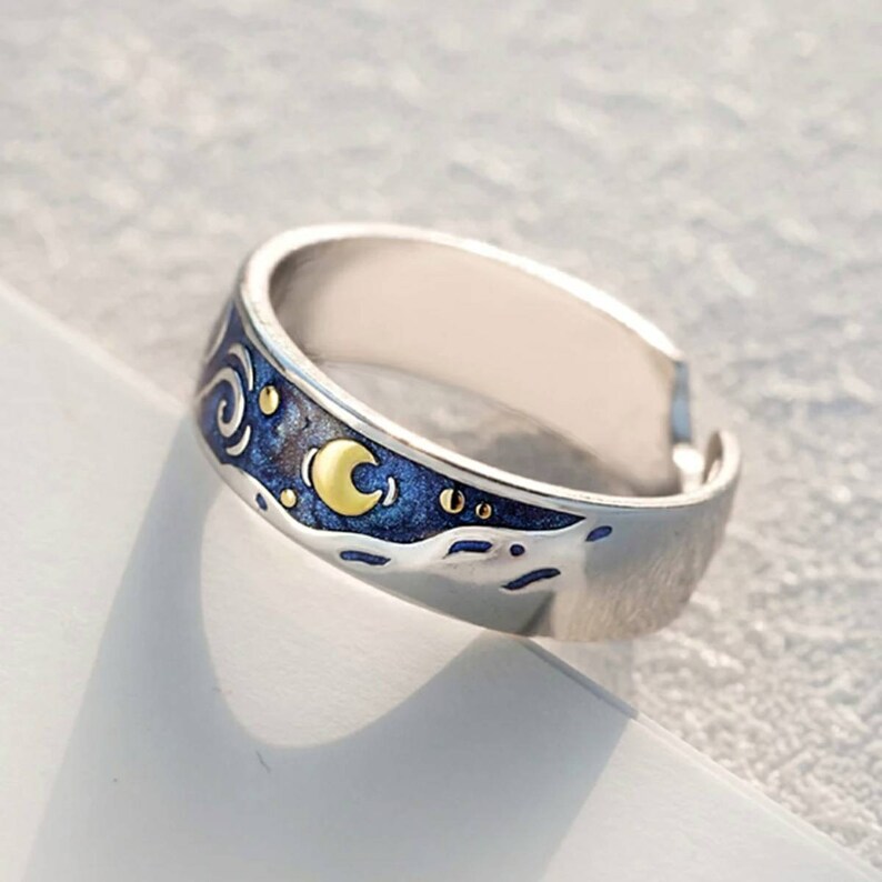 Van Gogh inspired Starry Night Ring 925 Silver Sterling Ring for Couple Adjustable 5-9 US Starry Night pendant crescent moon necklace